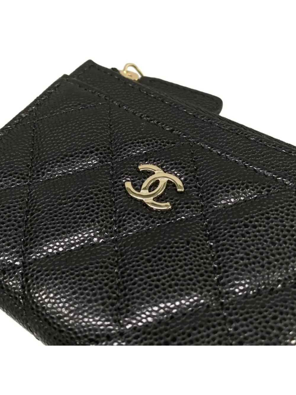 Chanel Coin Case Quilted Black L-shaped Zipper Champagne Gold